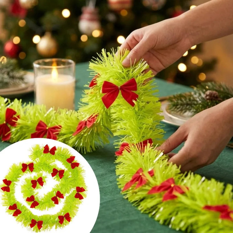 Christmas Garland Green Tinsel Wreath Red Bowknot Christmas Tinsel Ribbons Xmas Tree Ornament DIY Wreath Hanging Pendent Decor