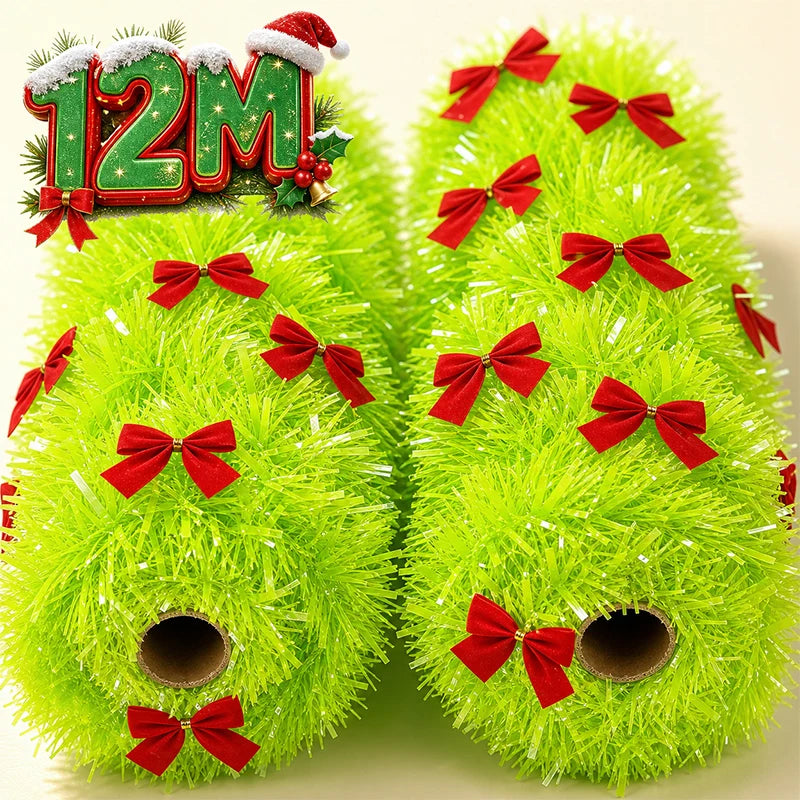 Christmas Garland Green Tinsel Wreath Red Bowknot Christmas Tinsel Ribbons Xmas Tree Ornament DIY Wreath Hanging Pendent Decor