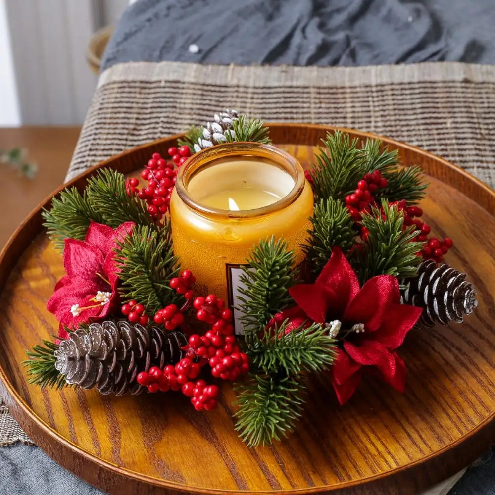 Christmas Candle Wreath Dining Table Decors Classic Red Berries Pinecone Centerpiece Garland Multifunctional Candle Holder 2025