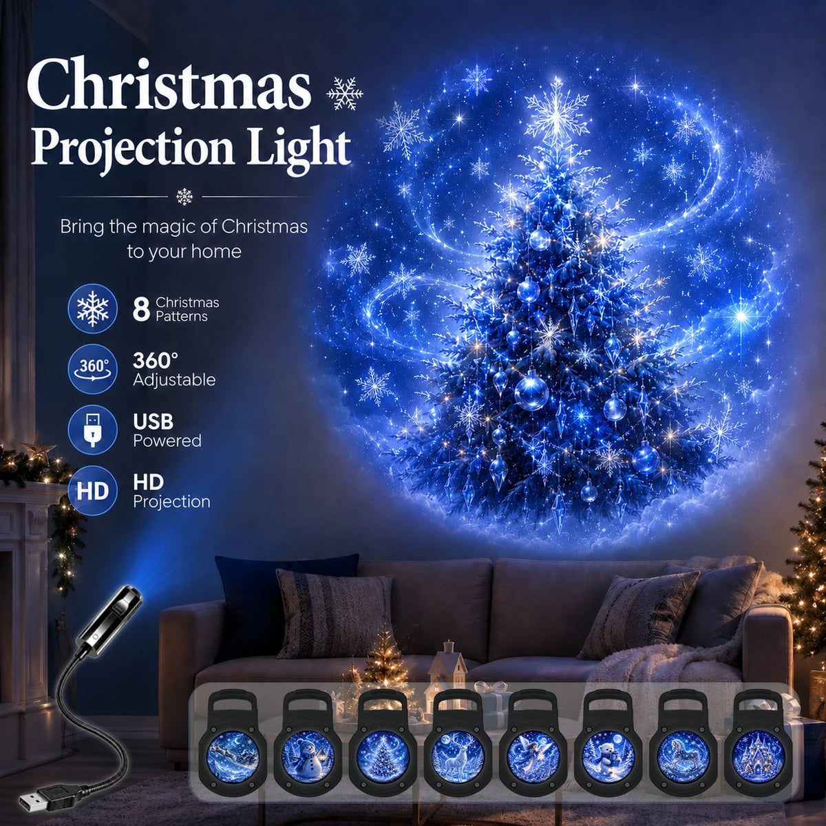 8 Christmas-Themed Projector Lights, USB-Powered Nightlights, Perfect for Creating a Festive Atmosphere in Your Room.