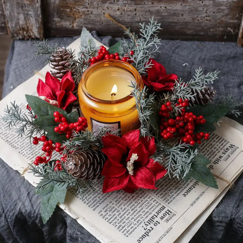 Christmas Candle Wreath Dining Table Decors Classic Red Berries Pinecone Centerpiece Garland Multifunctional Candle Holder 2025