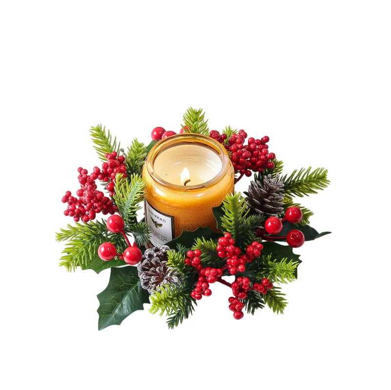 Christmas Candle Wreath Dining Table Decors Classic Red Berries Pinecone Centerpiece Garland Multifunctional Candle Holder 2025